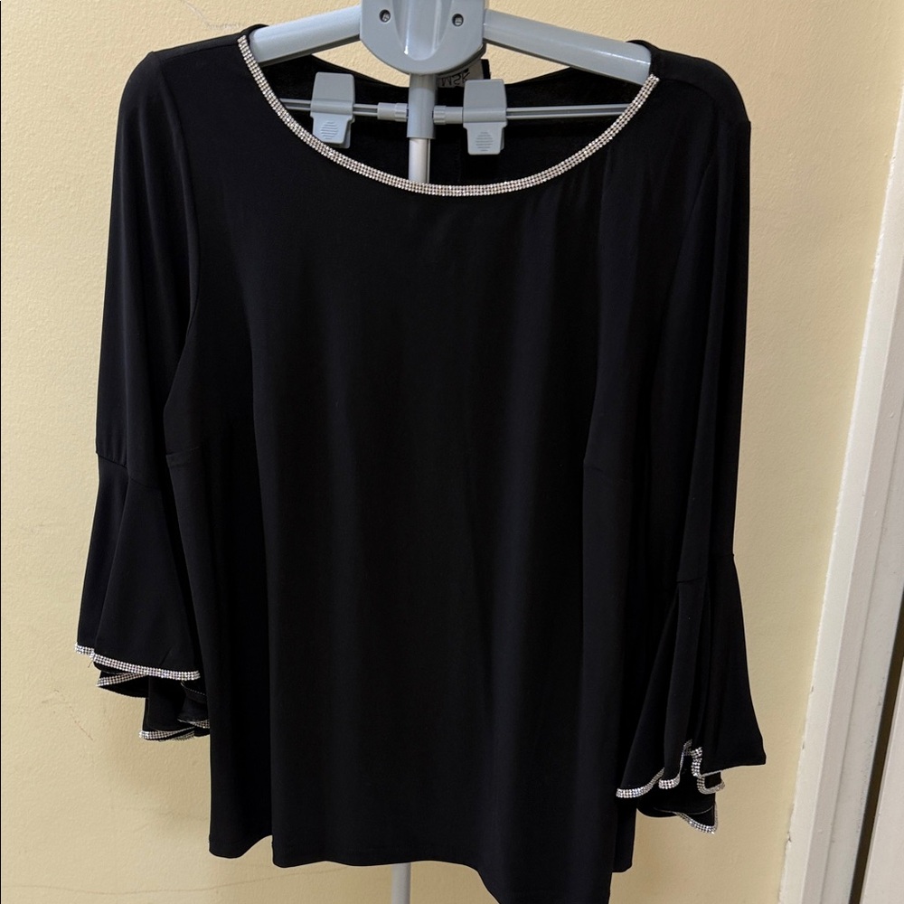 MSK Black Blouse with Rhinestone Trim and Flared Sleeve Detail
